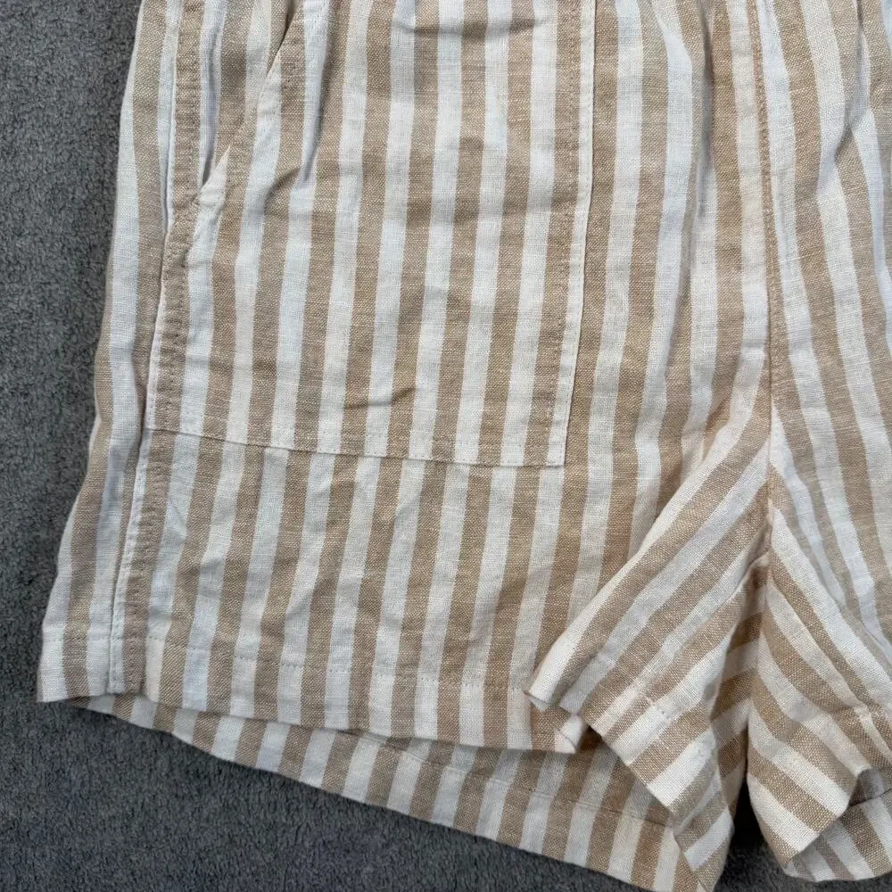 J.Crew Linen Blend Striped Shorts Women's Small Beige White Elastic Waist Pocket